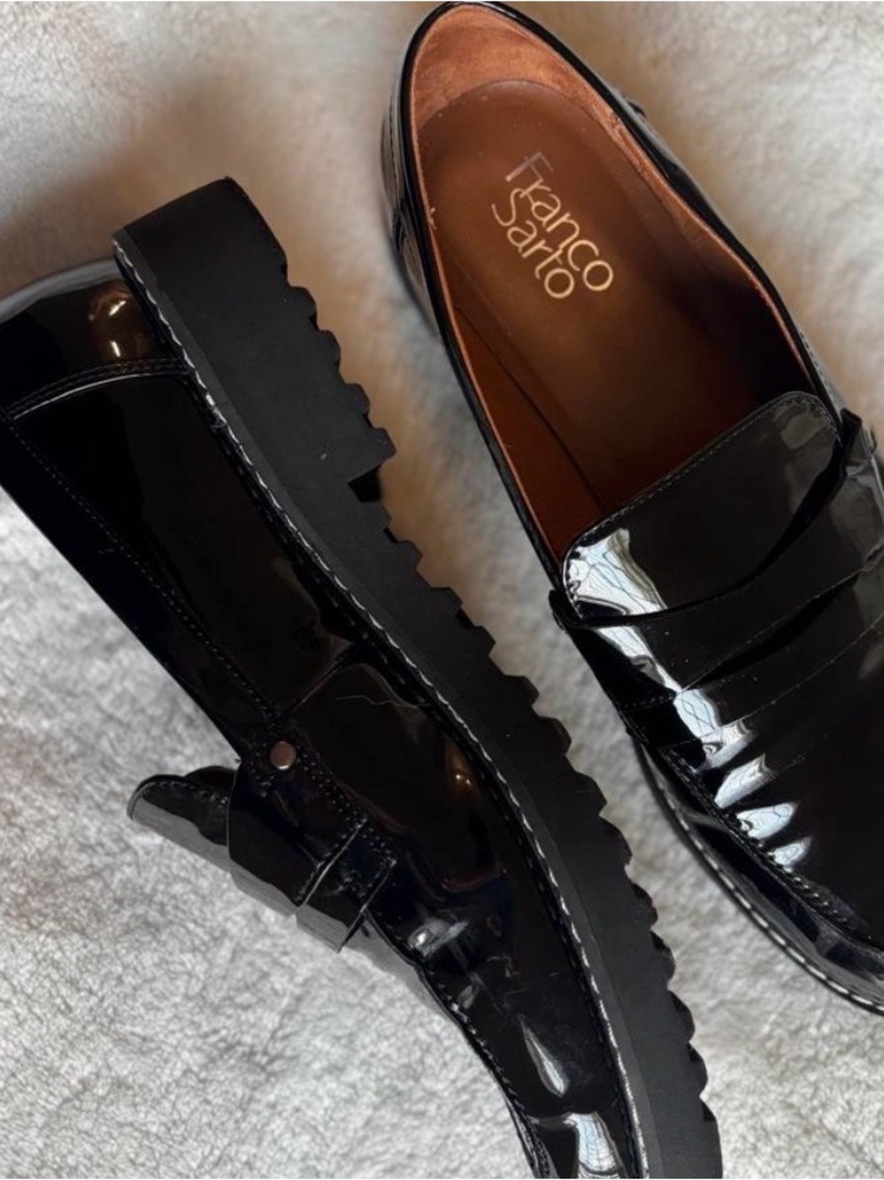 Franco Sarto Black Patent Leather Lug Sole Loafers